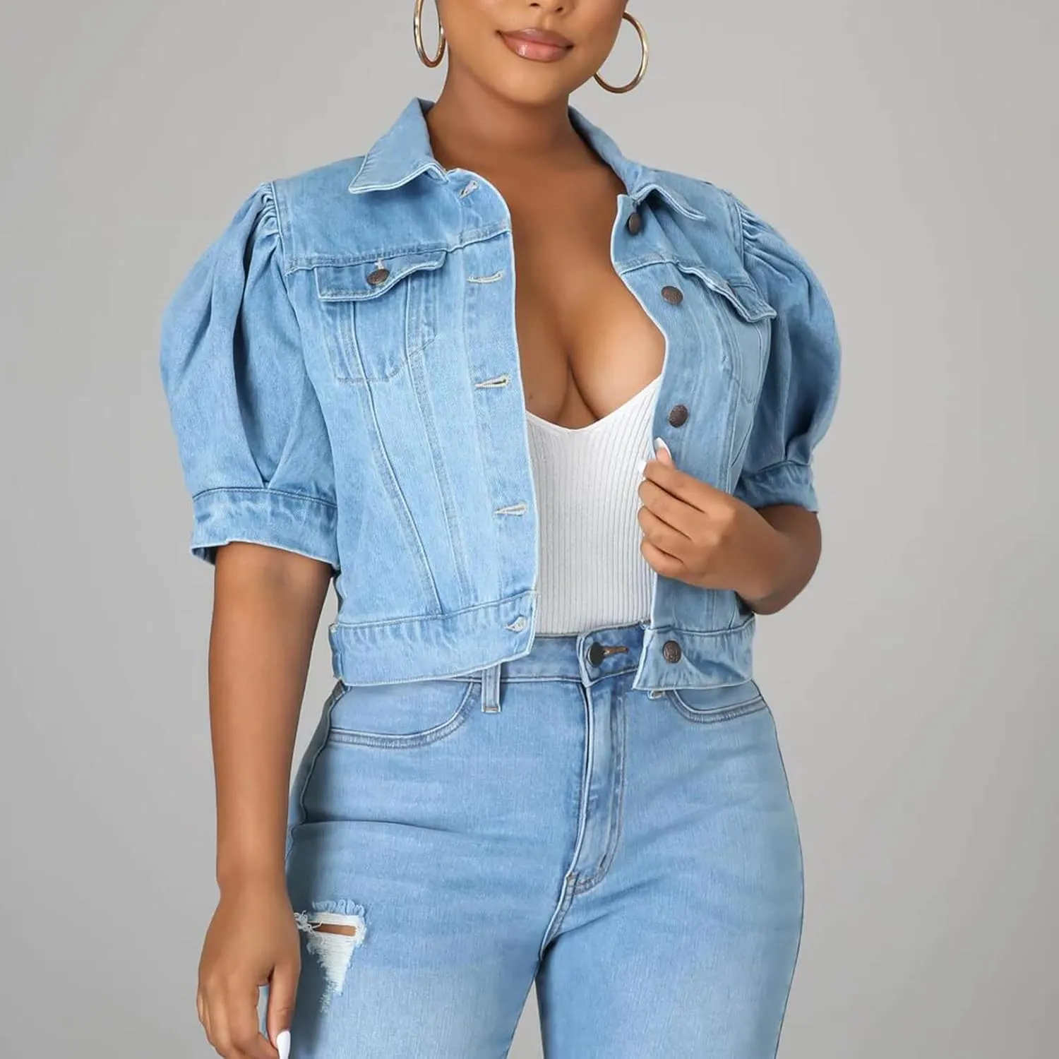 Kissonic Women's Puff Short Sleeve Denim Jacket Cropped Button Down Jean Coat