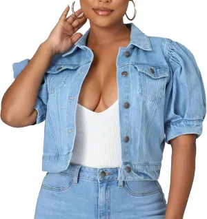 Kissonic Women's Puff Short Sleeve Denim Jacket Cropped Button Down Jean Coat
