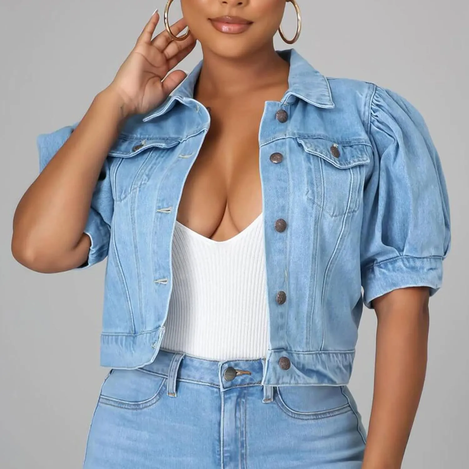 Kissonic Women's Puff Short Sleeve Denim Jacket Cropped Button Down Jean Coat