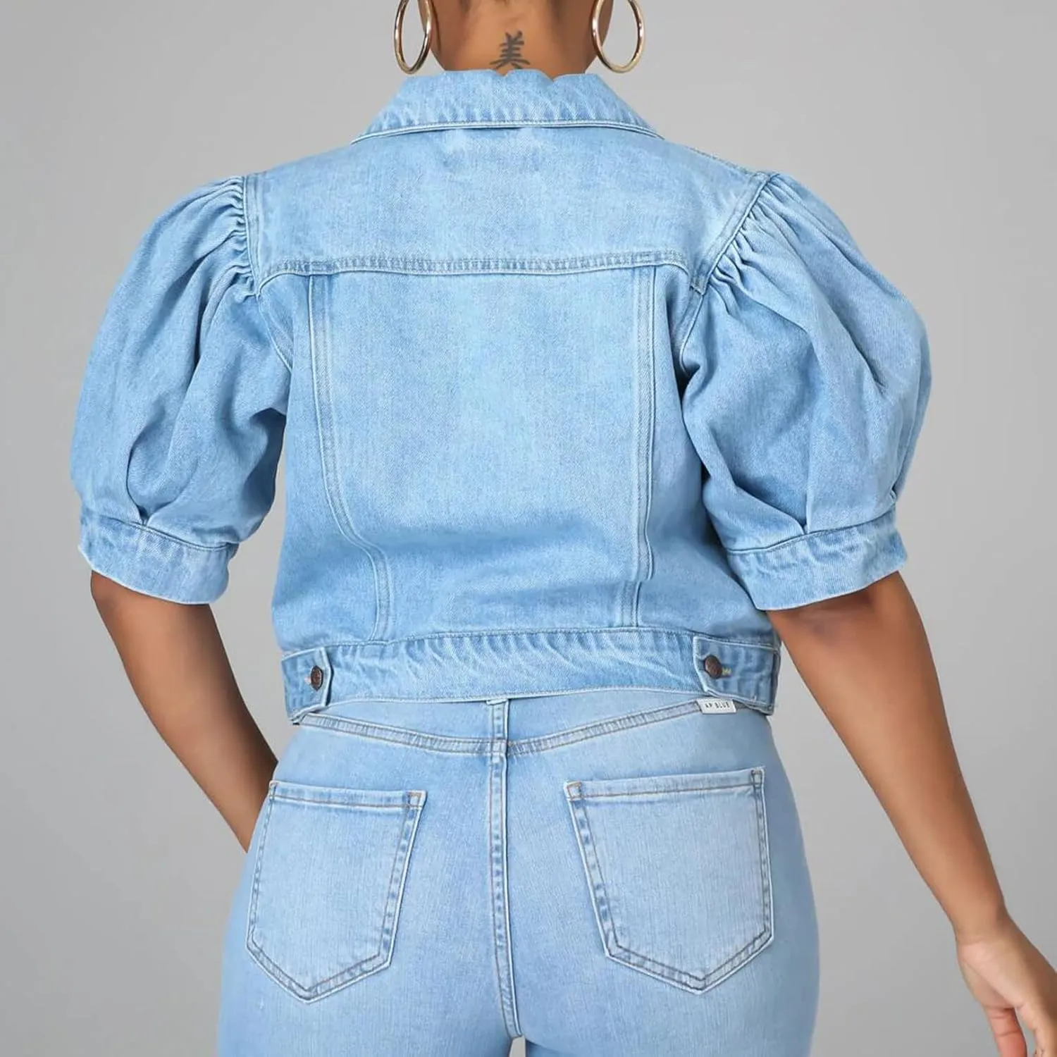 Kissonic Women's Puff Short Sleeve Denim Jacket Cropped Button Down Jean Coat