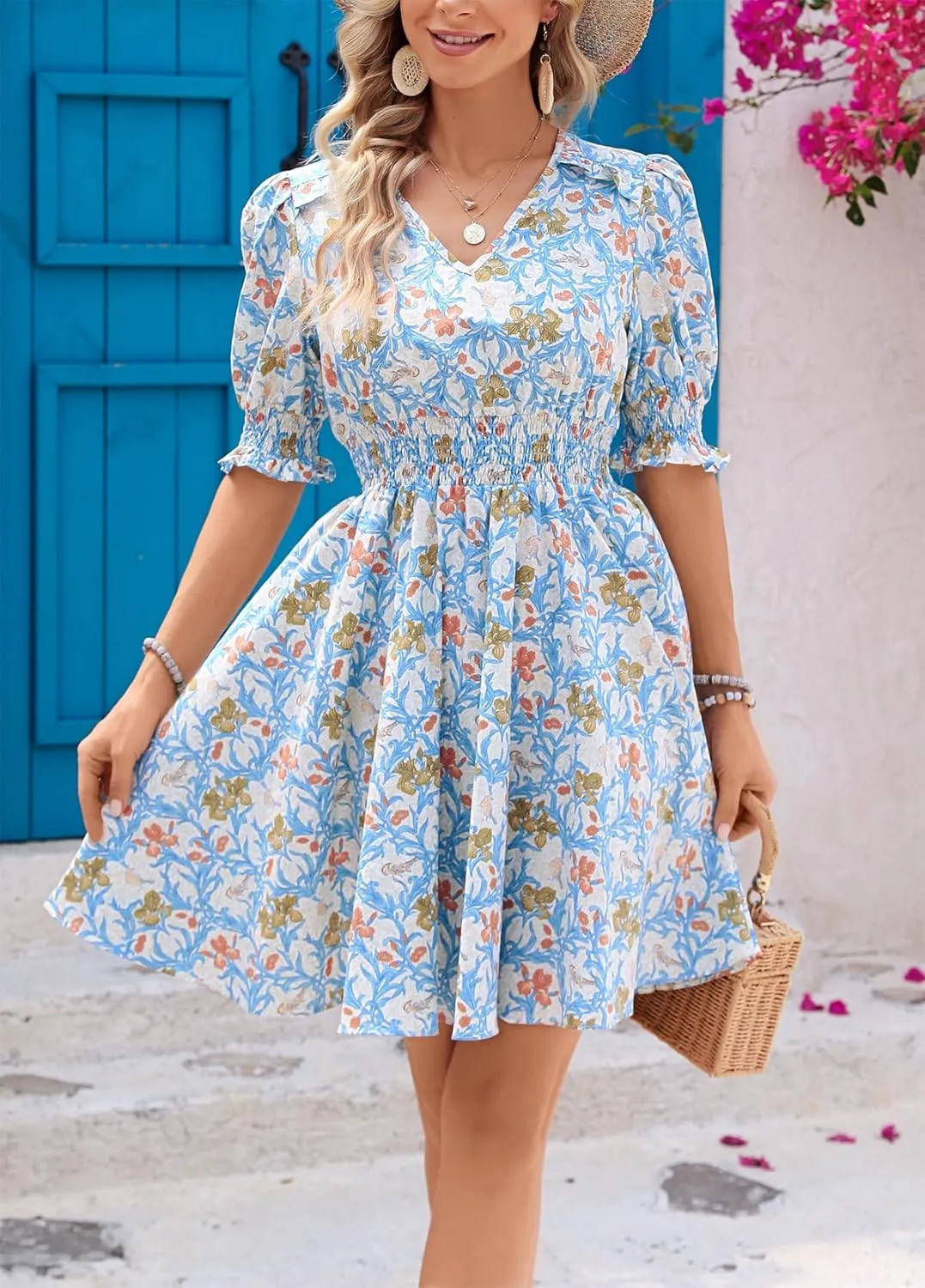 Kormei Women's Floral Print V Neck Dress Short Puff Sleeve Smocked Waist Ruffle Hem Flare Short Dress
