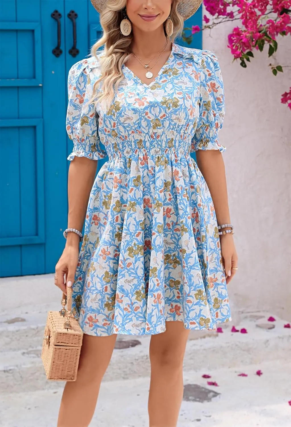 Kormei Women's Floral Print V Neck Dress Short Puff Sleeve Smocked Waist Ruffle Hem Flare Short Dress