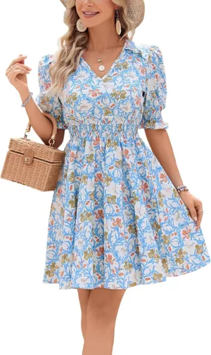Kormei Women's Floral Print V Neck Dress Short Puff Sleeve Smocked Waist Ruffle Hem Flare Short Dress