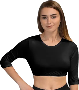 Kosher Casual Women's Modest High Neck Cropped Layering Shell - Viscose Spandex 3-4 Sleeve Base Pullover Top