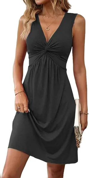 Kubbon Summer Dresses for Women Twist Front V Neck Ruffle Sleeveless Dress Solid Casual A Line Dress Vacation Outfits