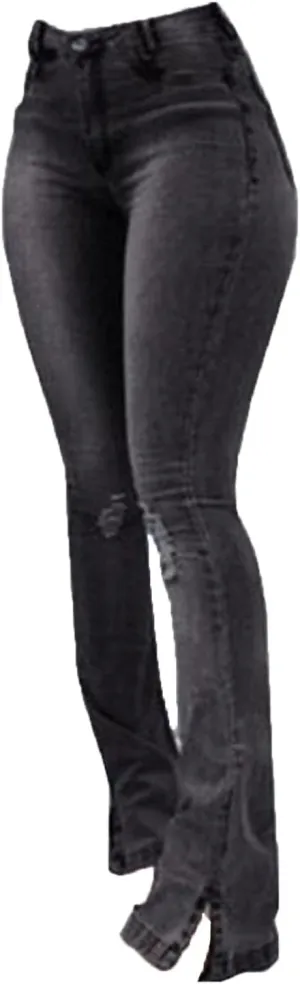 Ladies Side Slit Slim Ripped Denim Trousers Butt Lifting Flare Hold Jeans Stretch High Waisted Bell Distressed Jean