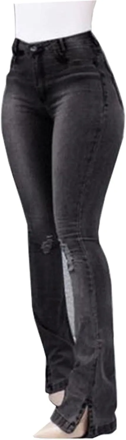 Ladies Side Slit Slim Ripped Denim Trousers Butt Lifting Flare Hold Jeans Stretch High Waisted Bell Distressed Jean