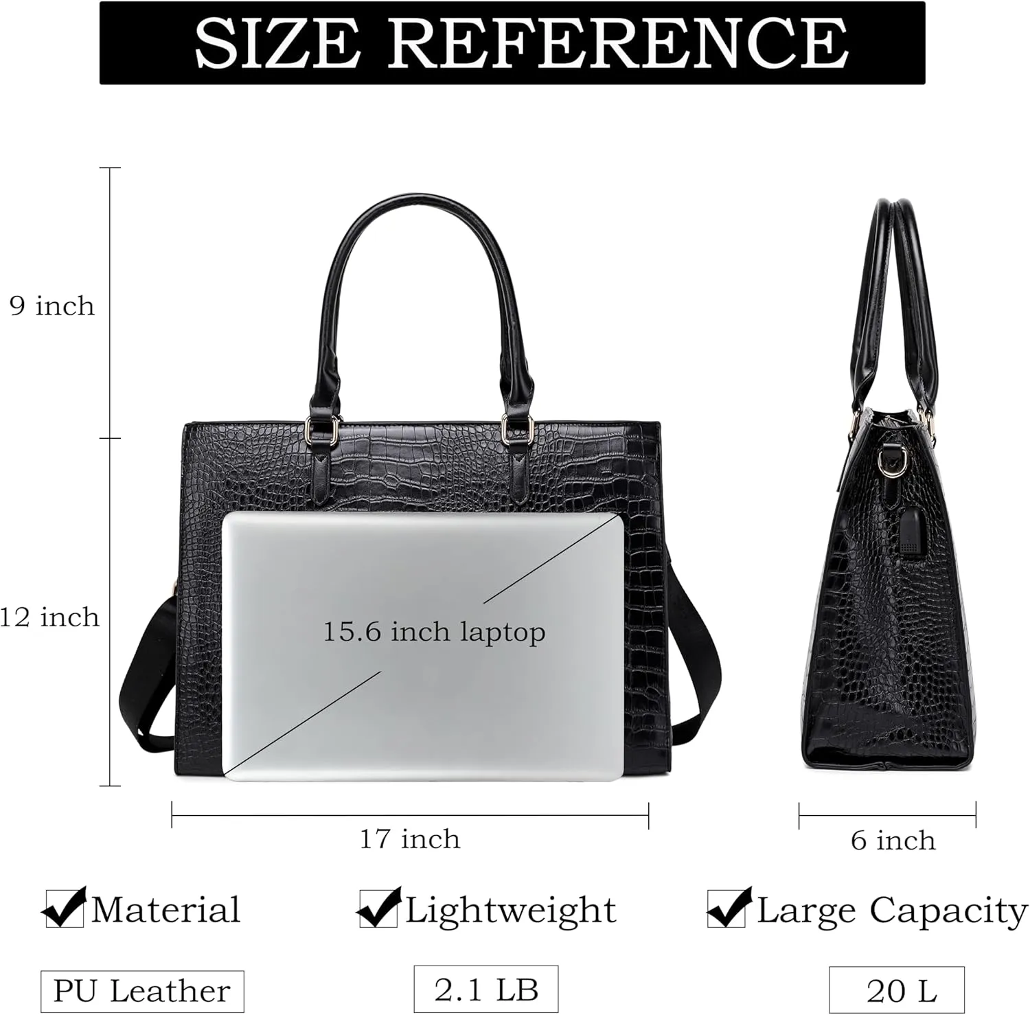 Laptop Bag for Women 17 inch Casual Work Bags for Women with USB Charging Port Laptop Tote Bag for Women with Clutch Purse (Black Crocodile)