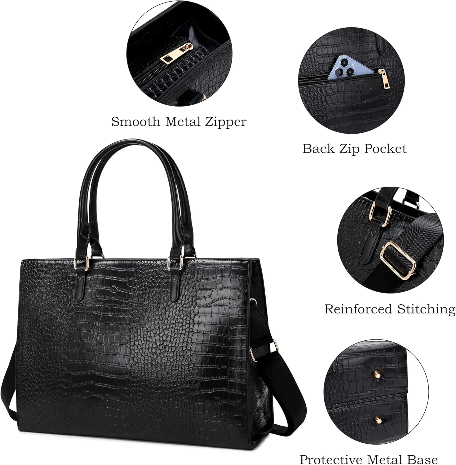Laptop Bag for Women 17 inch Casual Work Bags for Women with USB Charging Port Laptop Tote Bag for Women with Clutch Purse (Black Crocodile)