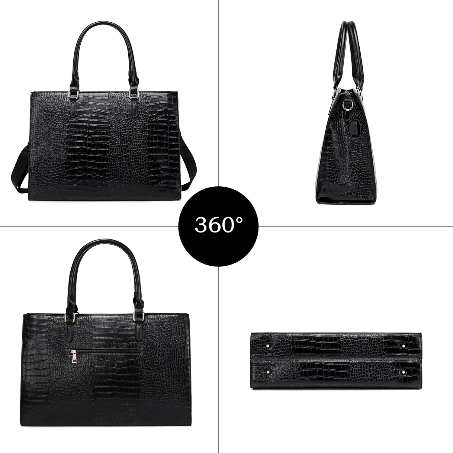 Laptop Bag for Women 17 inch Casual Work Bags for Women with USB Charging Port Laptop Tote Bag for Women with Clutch Purse (Black Crocodile)