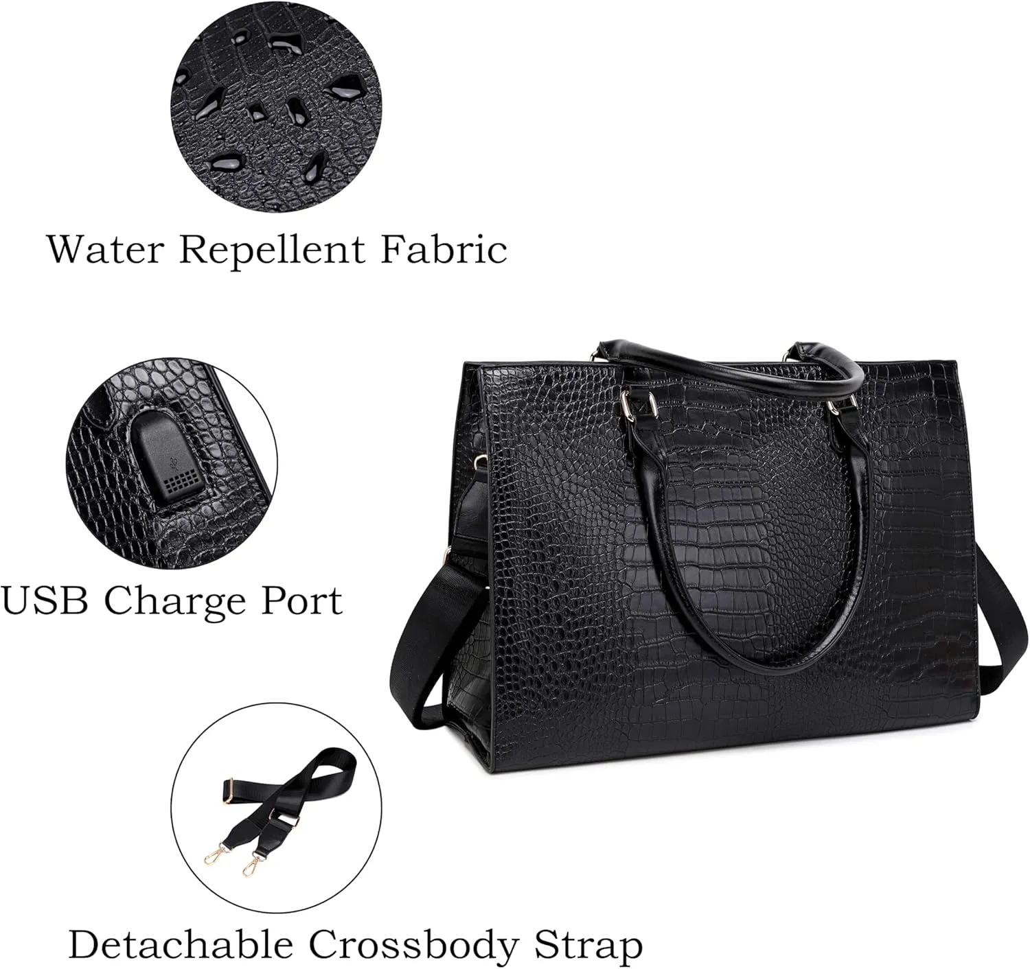 Laptop Bag for Women 17 inch Casual Work Bags for Women with USB Charging Port Laptop Tote Bag for Women with Clutch Purse (Black Crocodile)