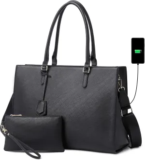 Laptop Tote Bag for Women - 17 inch Casual Work Bag with USB Charging Port & Clutch Purse (Black)