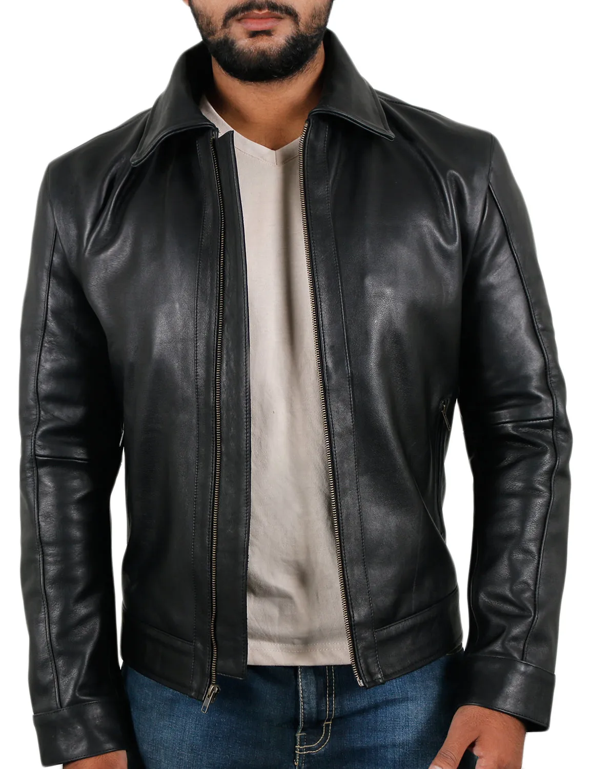 Leather Jackets Hub Mens Genuine Cowhide Leather Jacket (Black, Aviator Jacket) - 1501037