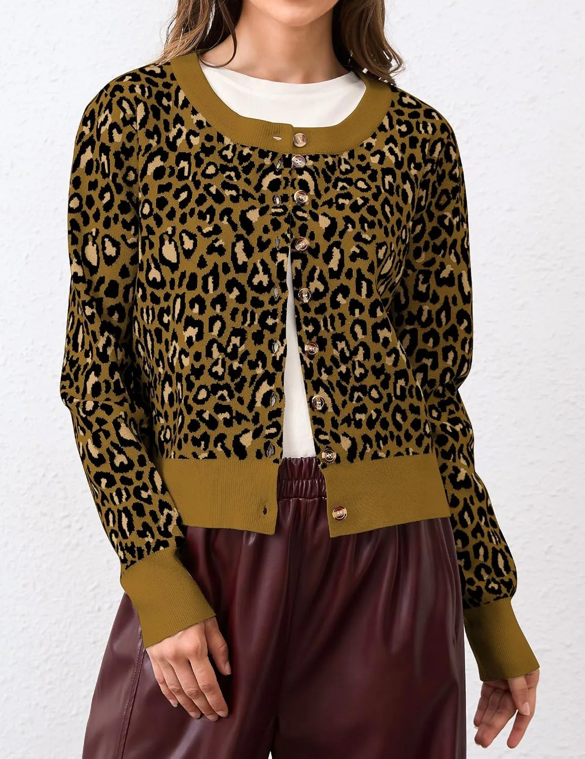 Leopard Cardigan Open Front Button Up Sweaters for Women Long Sleeve Shrug Cheetah Print Top Cropped Cardigan Jackets
