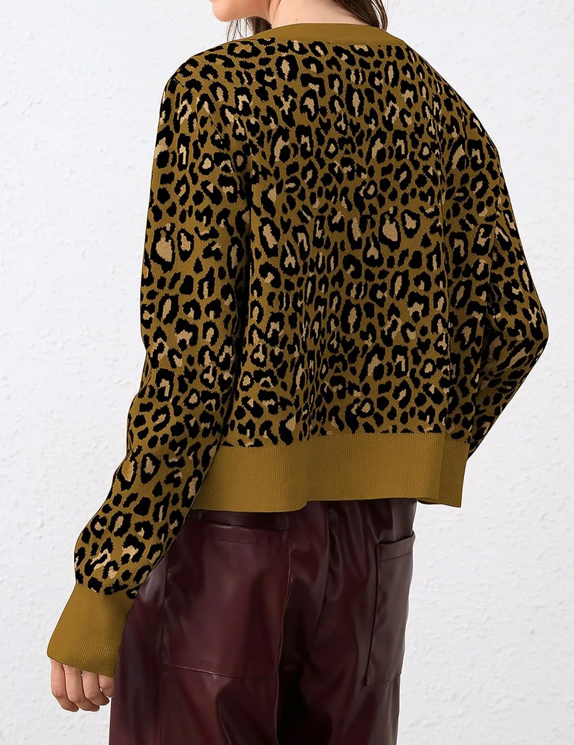 Leopard Cardigan Open Front Button Up Sweaters for Women Long Sleeve Shrug Cheetah Print Top Cropped Cardigan Jackets