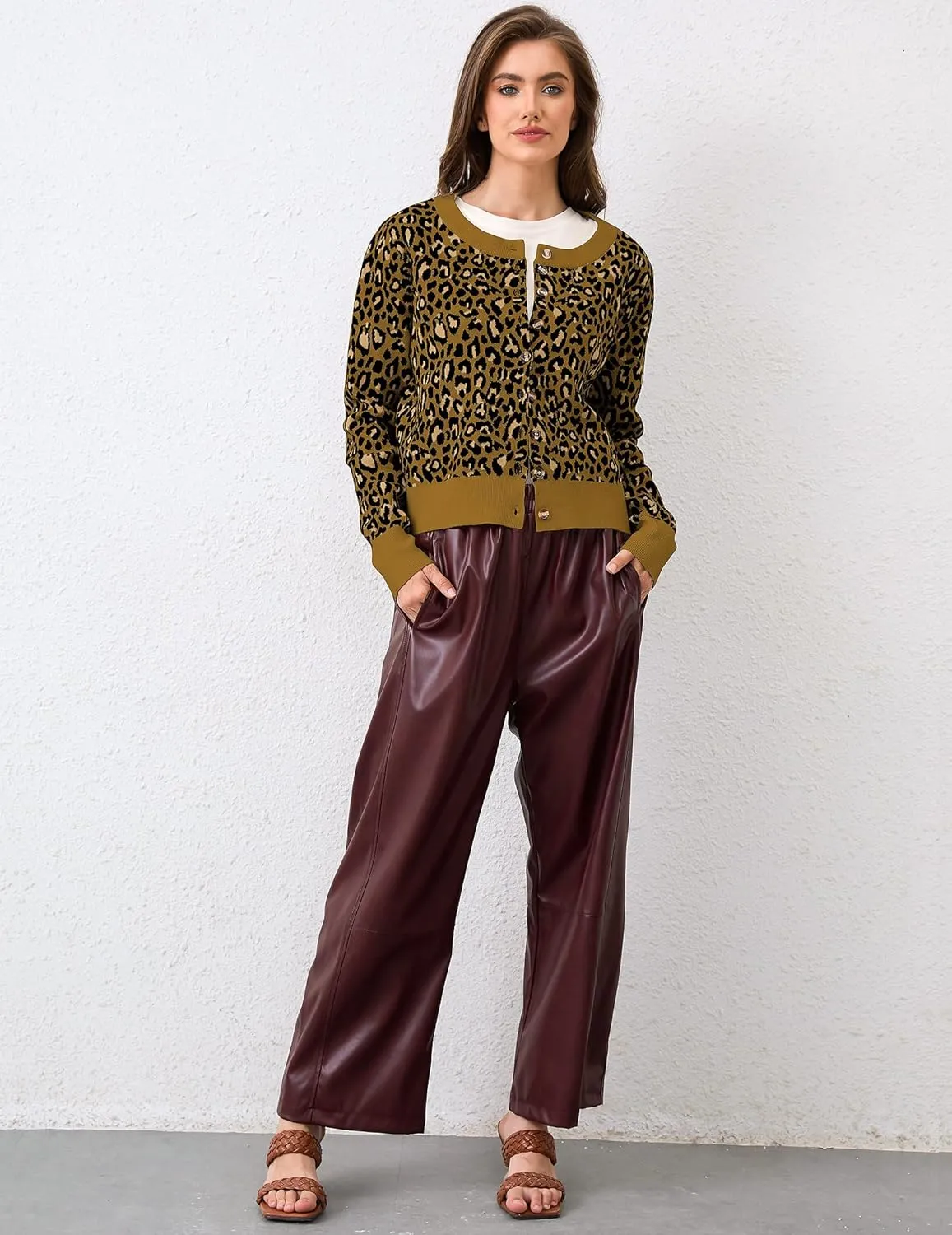 Leopard Cardigan Open Front Button Up Sweaters for Women Long Sleeve Shrug Cheetah Print Top Cropped Cardigan Jackets