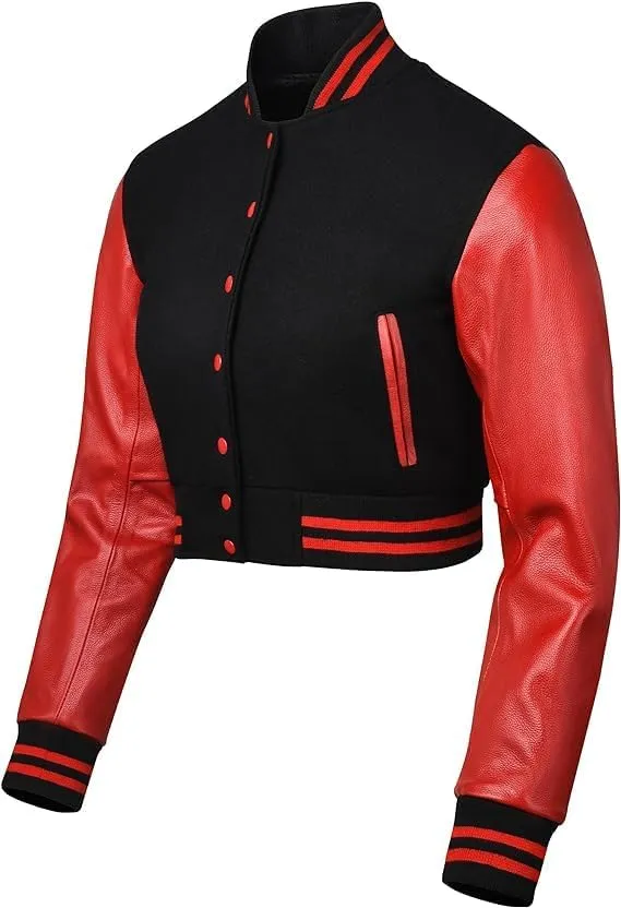 Letterman Premium Cropped Varsity Jacket, Leather and Wool, Baseball Style, Women's Long Sleeve