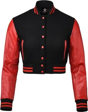 Letterman Premium Cropped Varsity Jacket, Leather and Wool, Baseball Style, Women's Long Sleeve