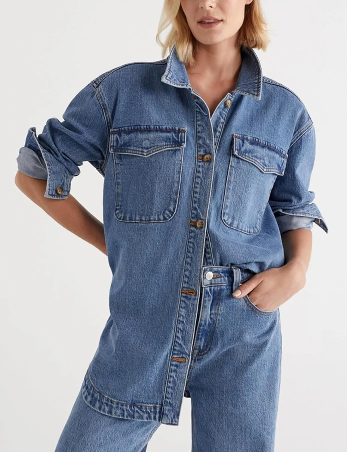 LifeShe Womens Oversized Jean Jacket Casual Button Up Denim Shirt Shacket Jacket Coat