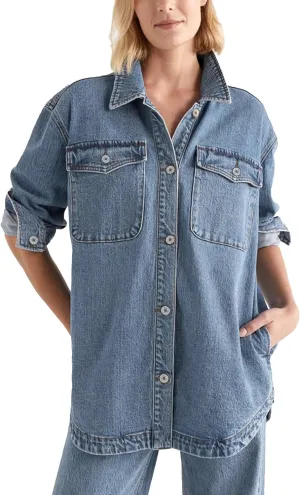 LifeShe Womens Oversized Jean Jacket Casual Button Up Denim Shirt Shacket Jacket Coat