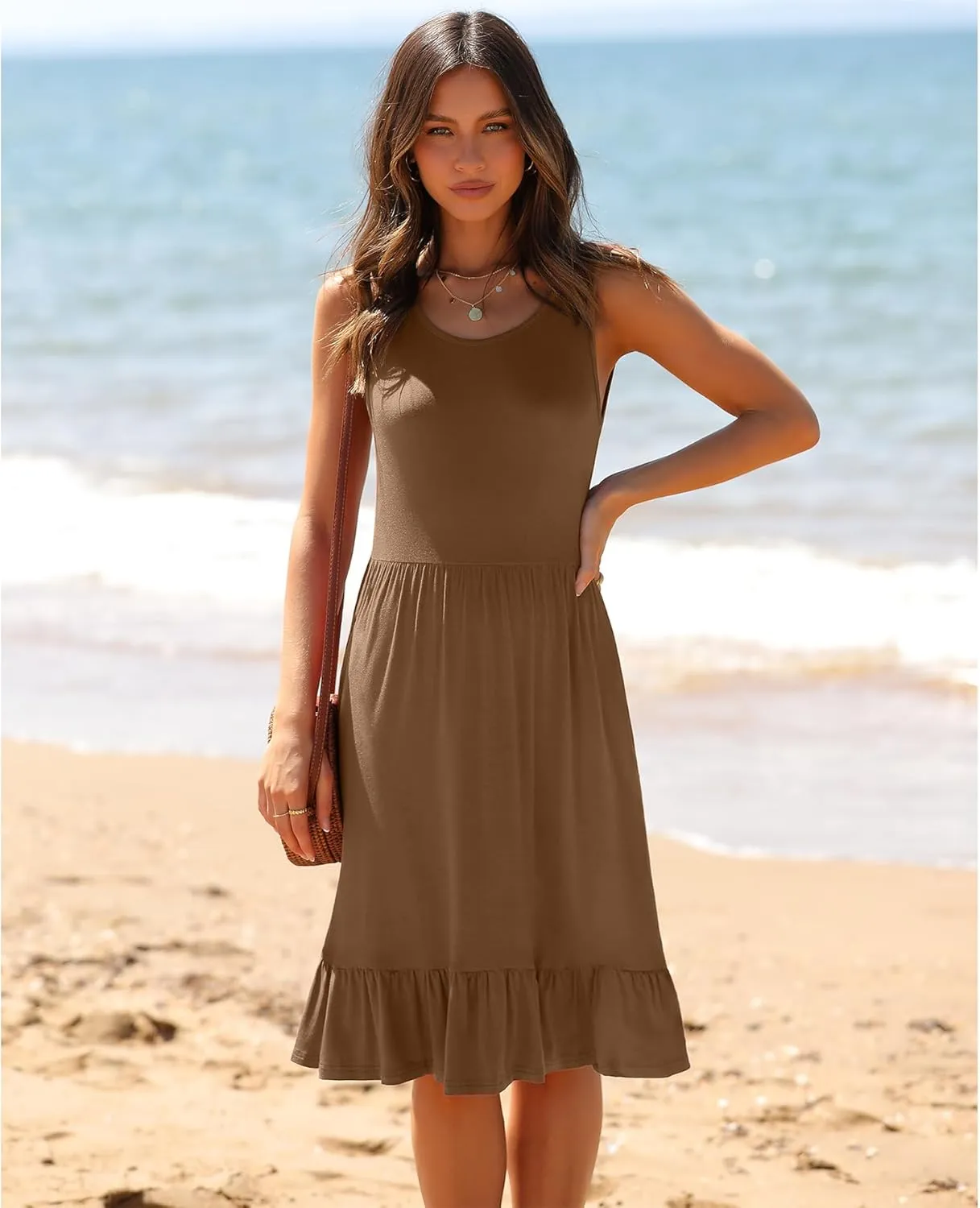 LILBETTER Women's Round Neck Summer Sundresses Casual Pleated Ruffle Hem Knee Length Sleeveless Tank Dress with Pockets