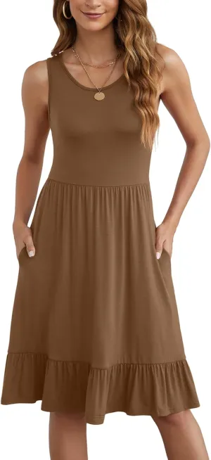 LILBETTER Women's Round Neck Summer Sundresses Casual Pleated Ruffle Hem Knee Length Sleeveless Tank Dress with Pockets