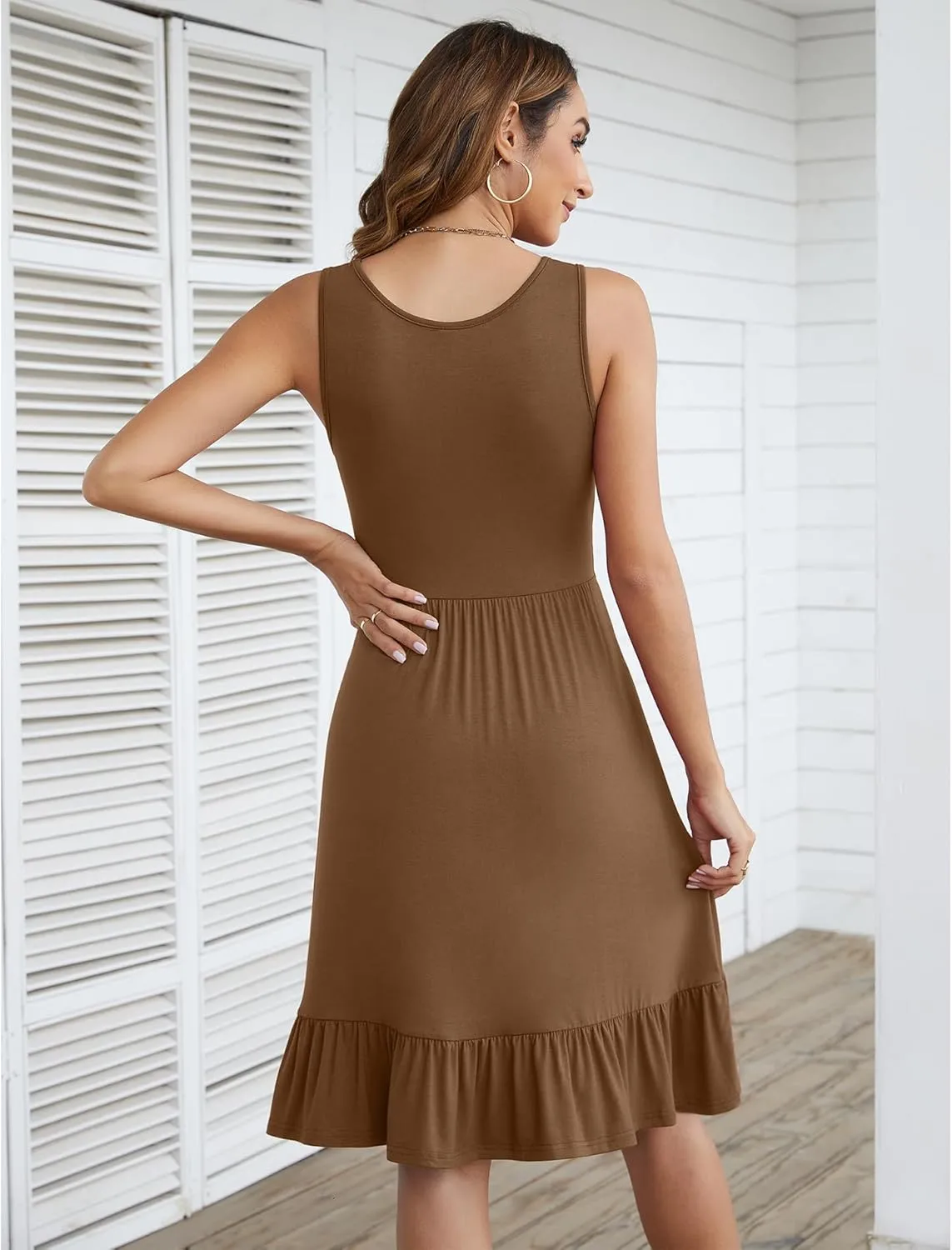 LILBETTER Women's Round Neck Summer Sundresses Casual Pleated Ruffle Hem Knee Length Sleeveless Tank Dress with Pockets