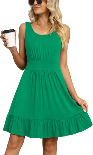 LILBETTER Women's Summer Casual U Neck Sundresses Pleated Knee Length Sleeveless Tank Dress