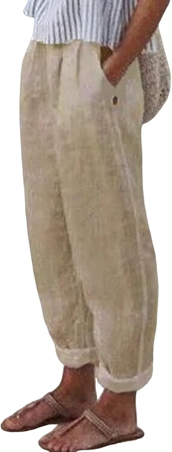 Linen Boho Harem Pants for Women Summer Wide Leg Loose Capris Pants Elastic Waist Trousers with Pocket