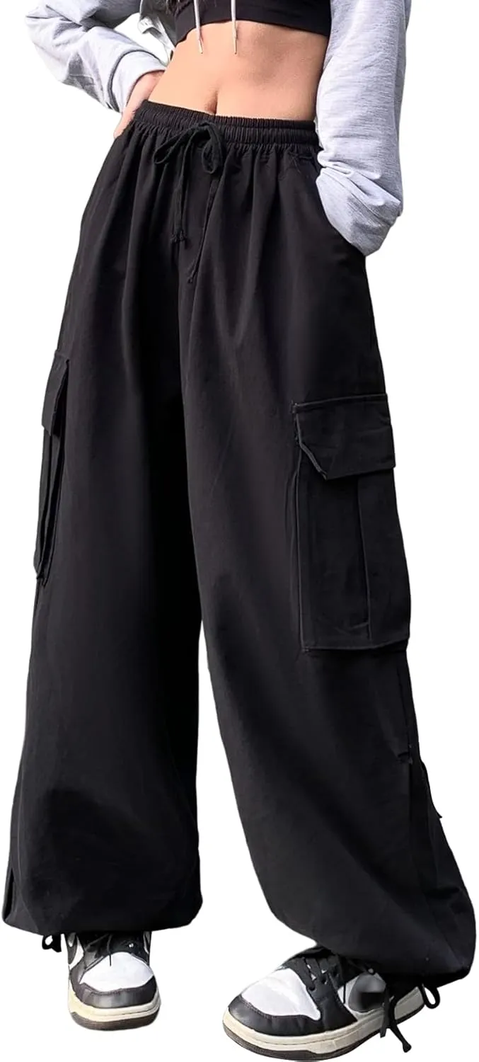 Linsennia Cargo Pants Women Baggy Y2k Streetwear Wide Leg Pants with Pockets High Waist Drawstring Goth