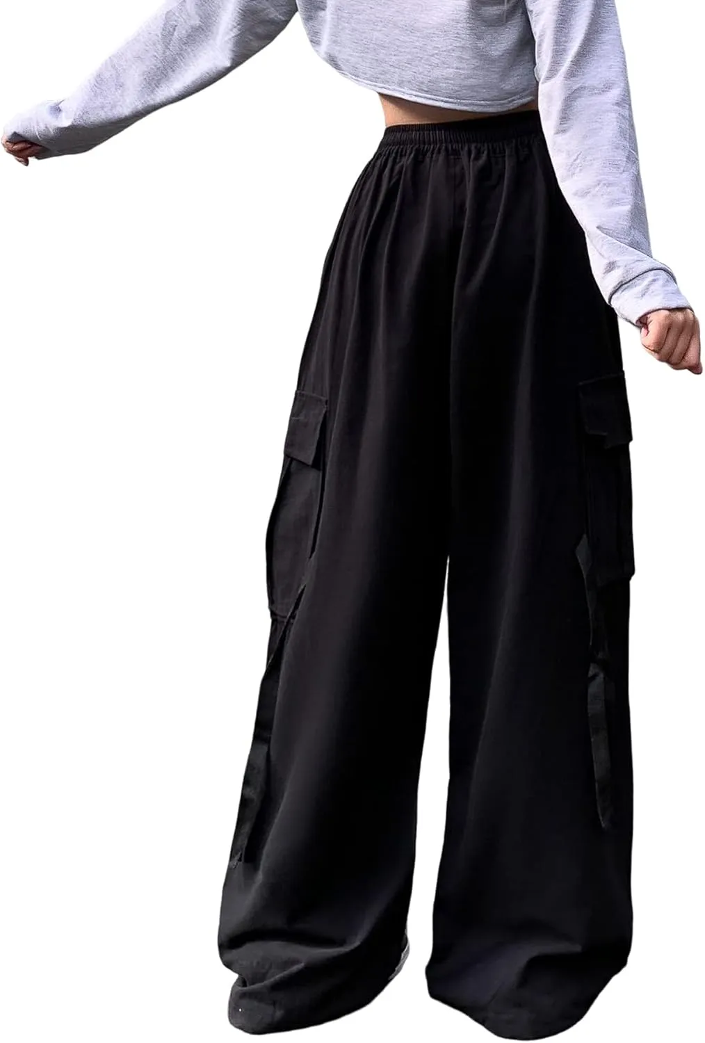 Linsennia Cargo Pants Women Baggy Y2k Streetwear Wide Leg Pants with Pockets High Waist Drawstring Goth