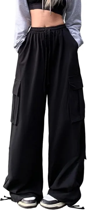 Linsennia Cargo Pants Women Baggy Y2k Streetwear Wide Leg Pants with Pockets High Waist Drawstring Goth