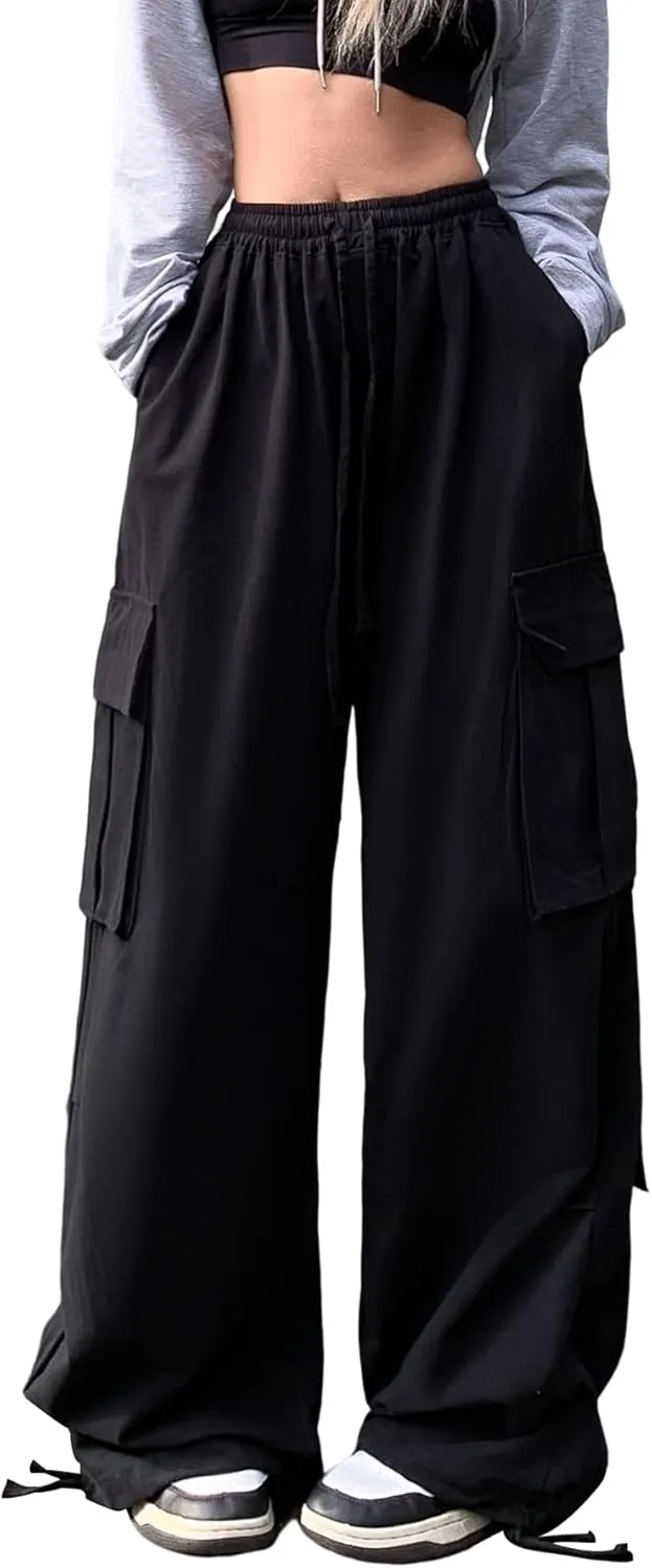 Linsennia Cargo Pants Women Baggy Y2k Streetwear Wide Leg Pants with Pockets High Waist Drawstring Goth