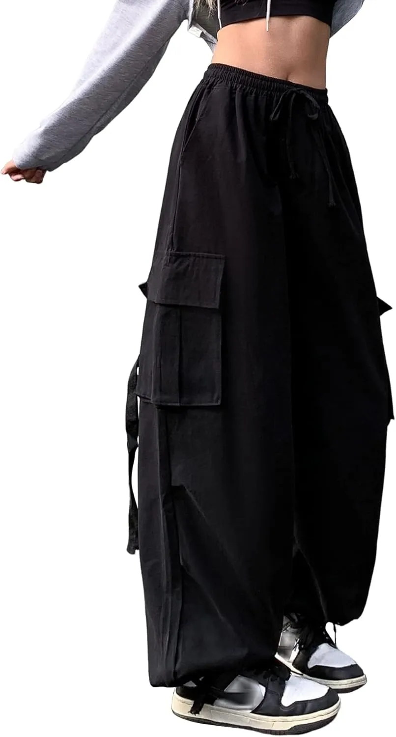 Linsennia Cargo Pants Women Baggy Y2k Streetwear Wide Leg Pants with Pockets High Waist Drawstring Goth