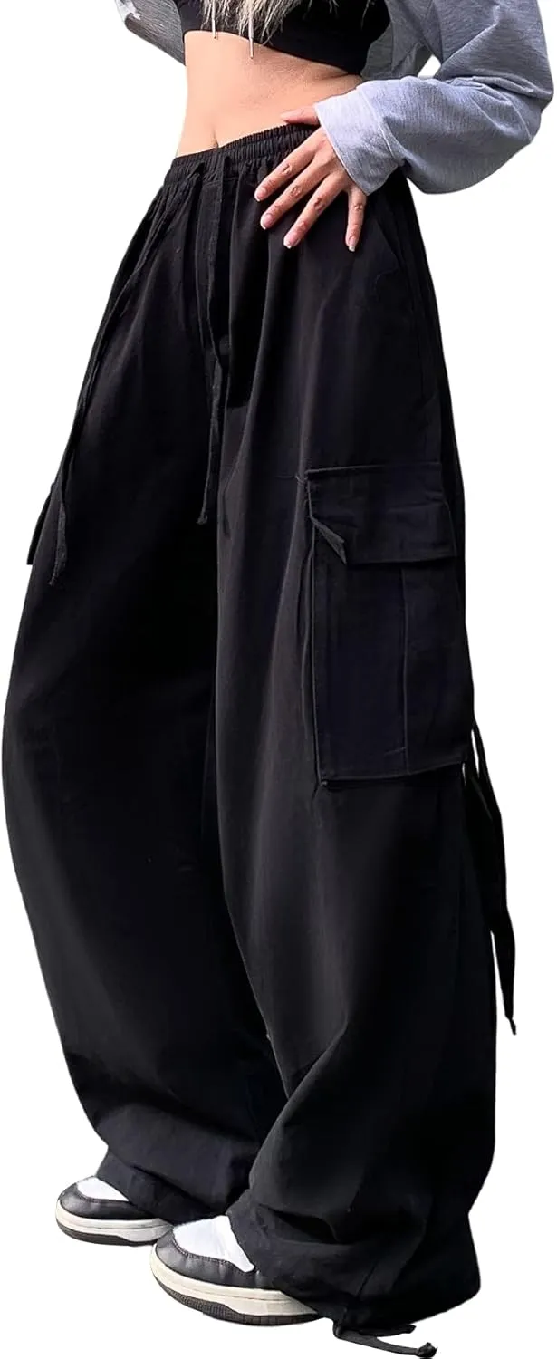 Linsennia Cargo Pants Women Baggy Y2k Streetwear Wide Leg Pants with Pockets High Waist Drawstring Goth