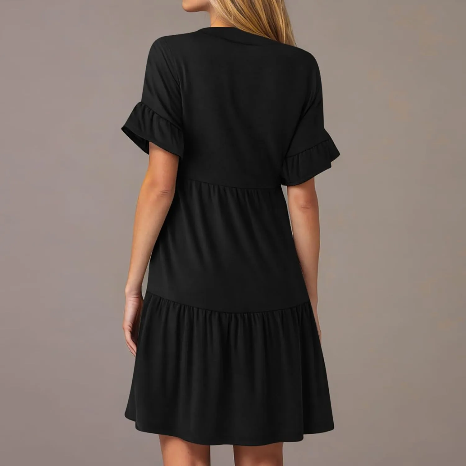 Lmdudan Womens Mini Beach Dress with Pockets 2025 Summer Trendy Dresses Ruffle Short Sleeve V Neck A Line Tiered Flowy Dress