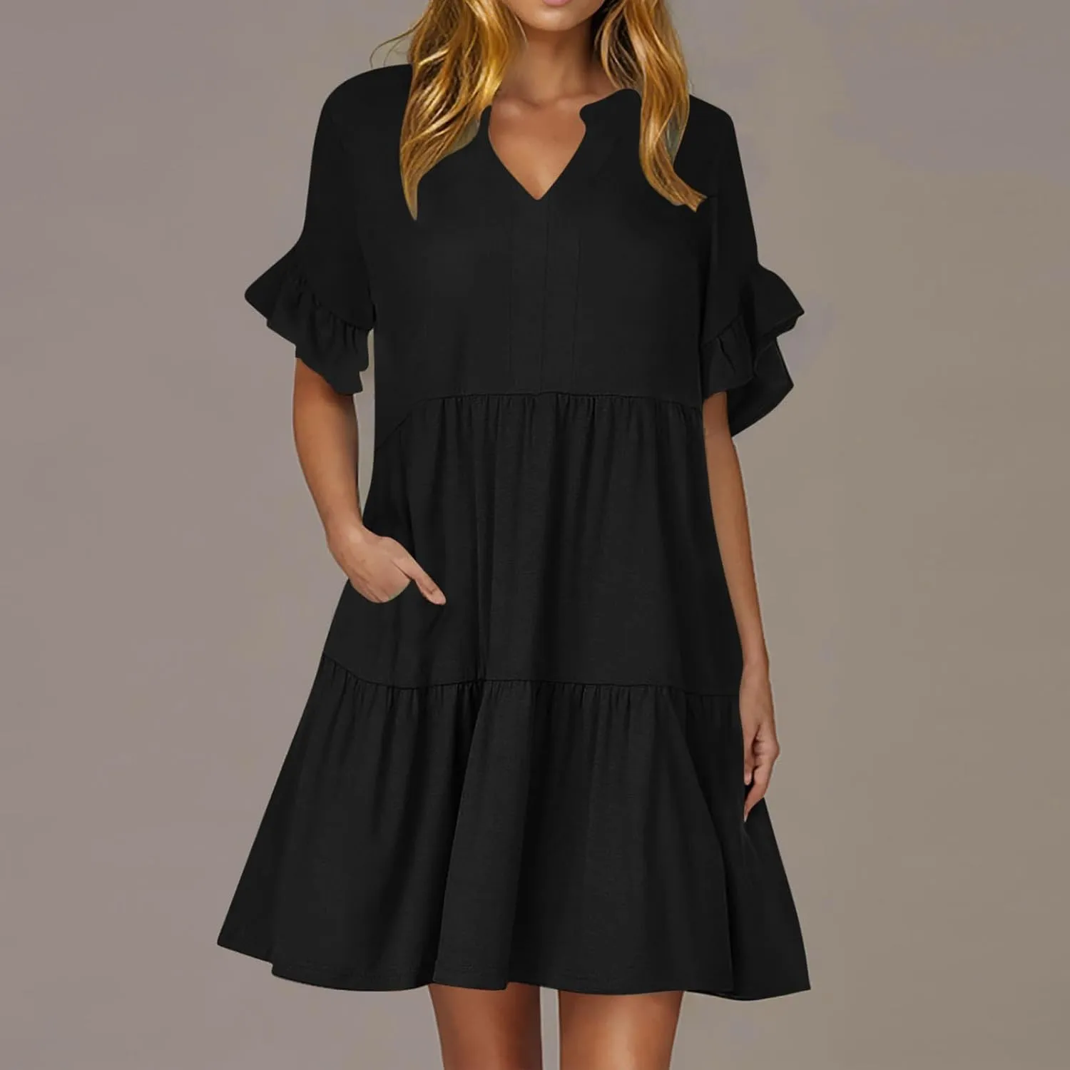 Lmdudan Womens Mini Beach Dress with Pockets 2025 Summer Trendy Dresses Ruffle Short Sleeve V Neck A Line Tiered Flowy Dress