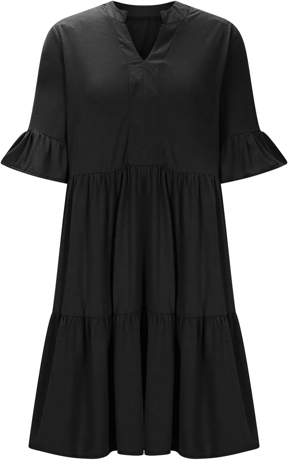 Lmdudan Womens Mini Beach Dress with Pockets 2025 Summer Trendy Dresses Ruffle Short Sleeve V Neck A Line Tiered Flowy Dress