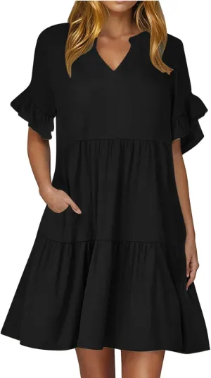 Lmdudan Womens Mini Beach Dress with Pockets 2025 Summer Trendy Dresses Ruffle Short Sleeve V Neck A Line Tiered Flowy Dress