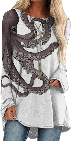 Long Sleeve Shirts for Women 2024 Trendy Plus Size Pullover Japanese Octopus Graphic Tees Casual Crewneck Fall Tops