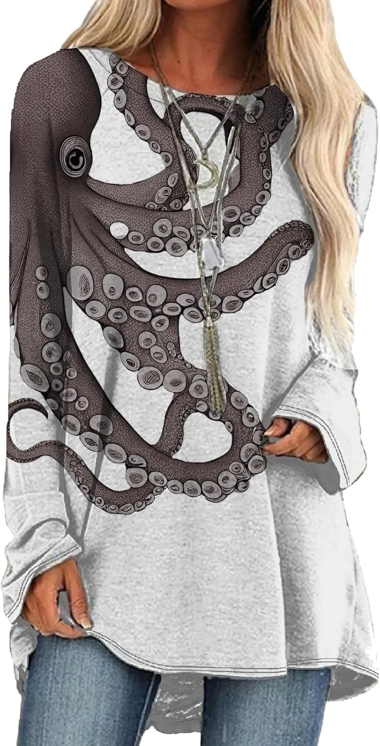 Long Sleeve Shirts for Women 2024 Trendy Plus Size Pullover Japanese Octopus Graphic Tees Casual Crewneck Fall Tops