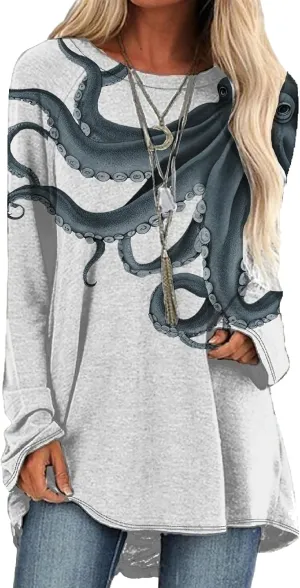Long Sleeve Shirts for Women 2024 Trendy Plus Size Pullover Japanese Octopus Graphic Tees Casual Crewneck Fall Tops