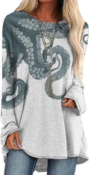Long Sleeve Shirts for Women 2024 Trendy Plus Size Pullover Japanese Octopus Graphic Tees Casual Crewneck Fall Tops