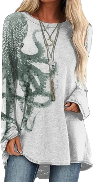 Long Sleeve Shirts for Women 2024 Trendy Plus Size Pullover Japanese Octopus Graphic Tees Casual Crewneck Fall Tops
