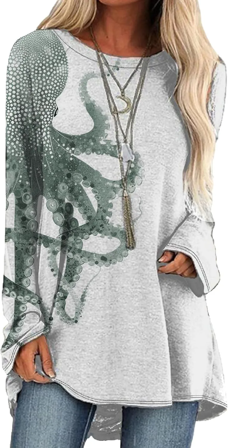Long Sleeve Shirts for Women 2024 Trendy Plus Size Pullover Japanese Octopus Graphic Tees Casual Crewneck Fall Tops