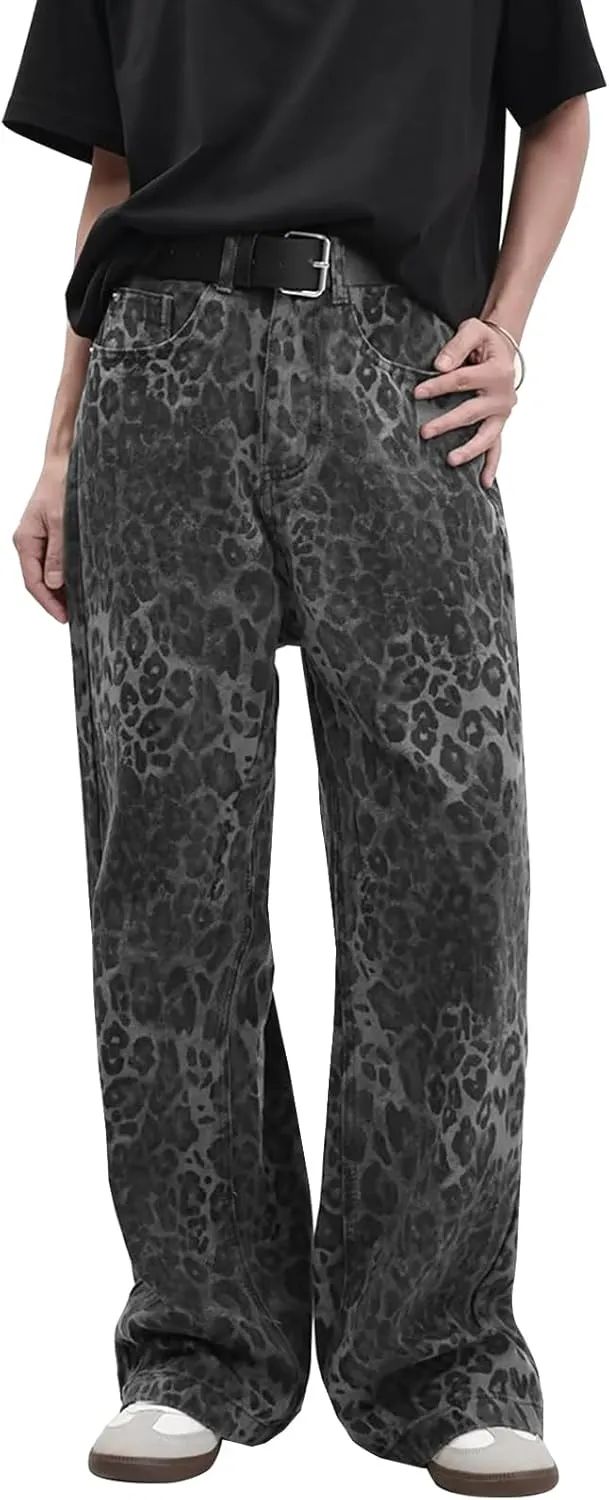 LONGBIDA Leopard Print Y2K Pants Womens Baggy Wide Leg Jeans with Pockets High Waisted