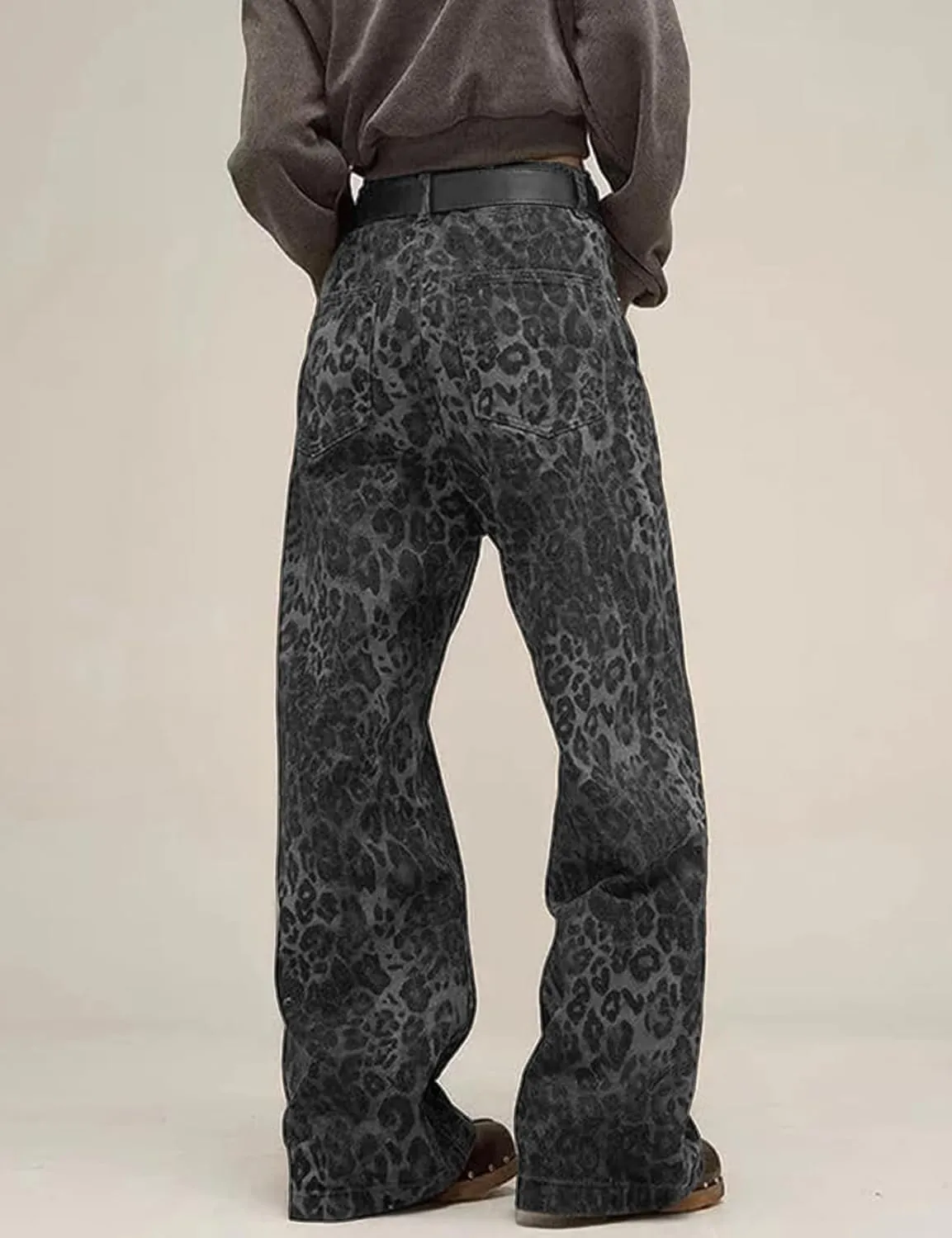 LONGBIDA Leopard Print Y2K Pants Womens Baggy Wide Leg Jeans with Pockets High Waisted