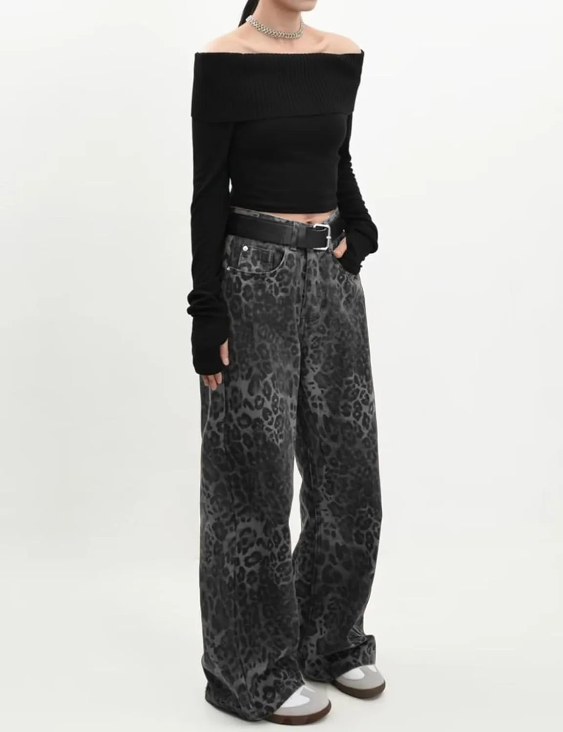 LONGBIDA Leopard Print Y2K Pants Womens Baggy Wide Leg Jeans with Pockets High Waisted