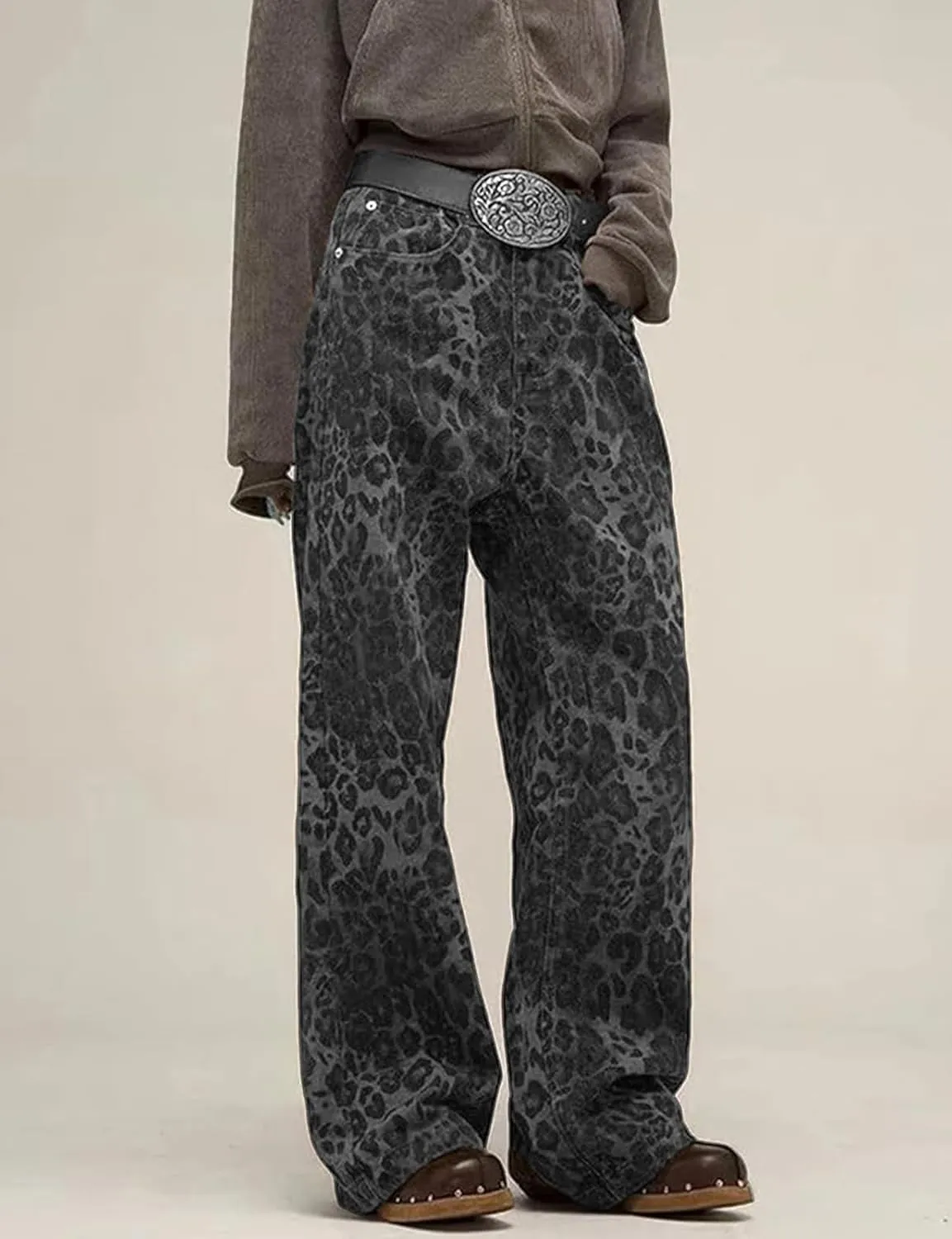 LONGBIDA Leopard Print Y2K Pants Womens Baggy Wide Leg Jeans with Pockets High Waisted