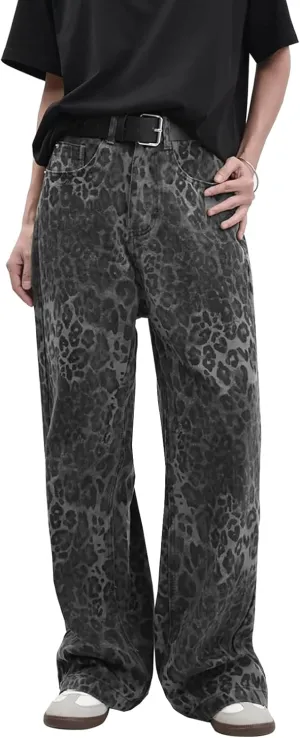 LONGBIDA Leopard Print Y2K Pants Womens Baggy Wide Leg Jeans with Pockets High Waisted